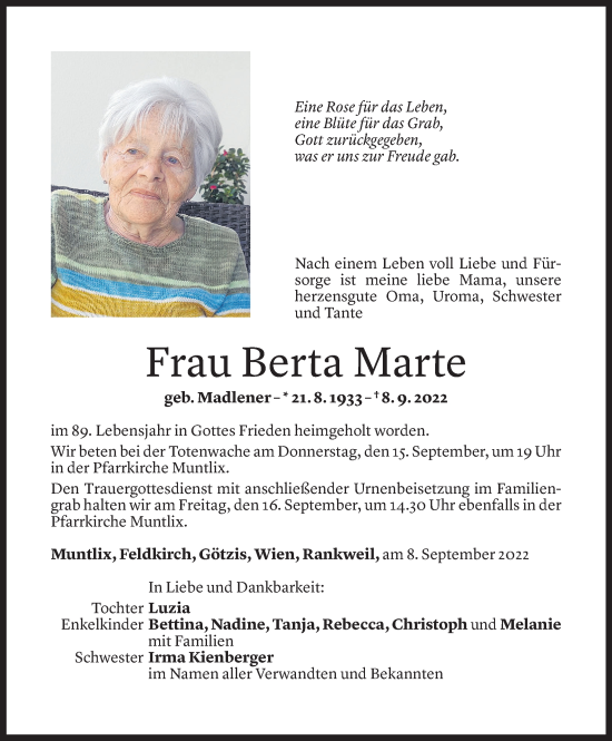 Todesanzeige von Berta Marte von Vorarlberger Nachrichten