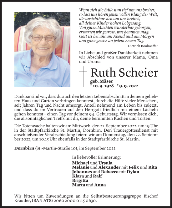Todesanzeige von Ruth Scheier von Vorarlberger Nachrichten