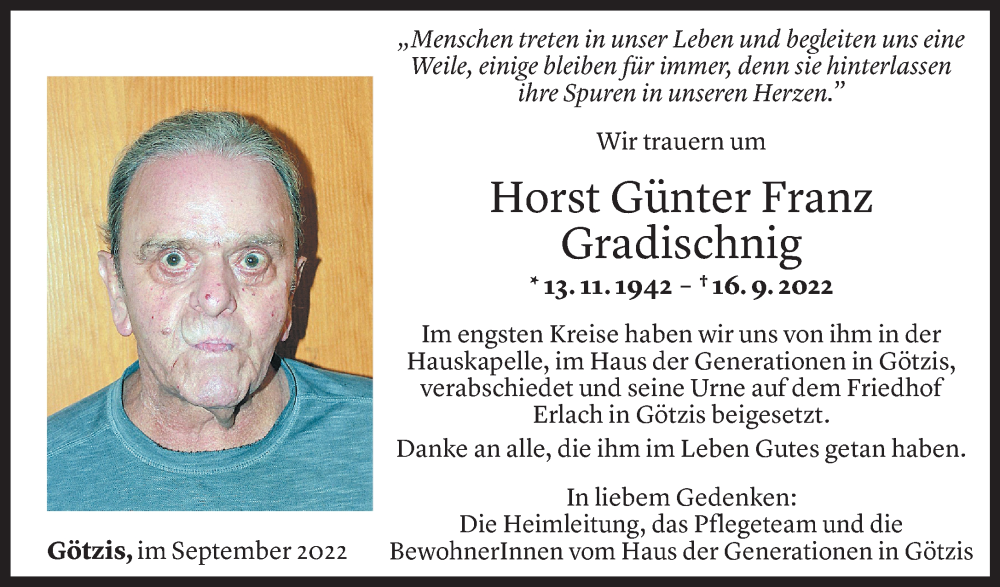  Todesanzeige für Horst Gradischnig vom 23.09.2022 aus Vorarlberger Nachrichten