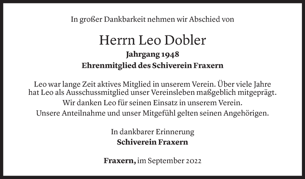  Todesanzeige für Leo Dobler vom 28.09.2022 aus Vorarlberger Nachrichten