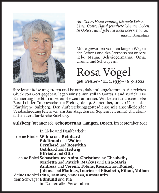 Todesanzeige von Rosa Vögel von Vorarlberger Nachrichten