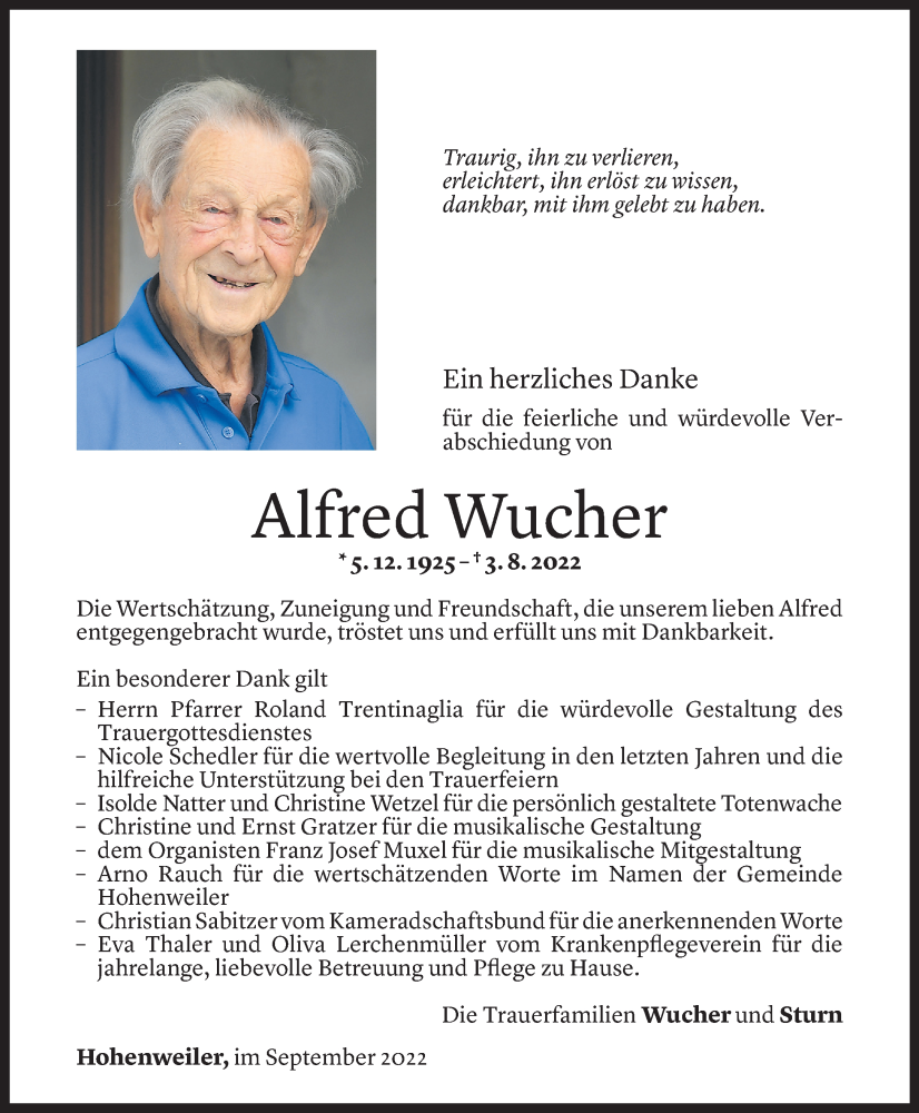  Todesanzeige für Alfred Wucher vom 02.09.2022 aus Vorarlberger Nachrichten
