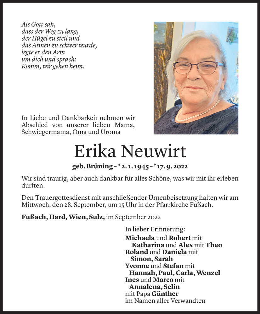  Todesanzeige für Erika Neuwirt vom 24.09.2022 aus Vorarlberger Nachrichten
