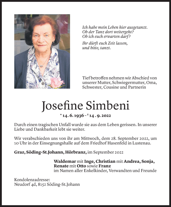 Todesanzeige von Josefine Simbeni von Vorarlberger Nachrichten