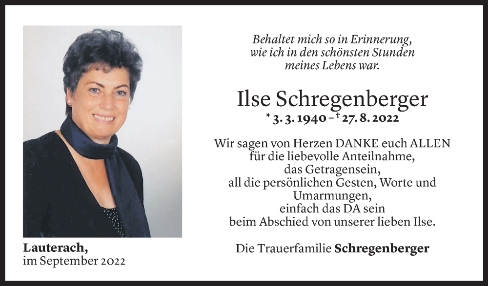  Todesanzeige für Ilse Schregenberger vom 22.09.2022 aus Vorarlberger Nachrichten