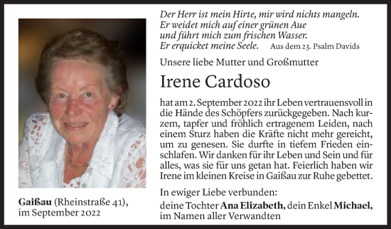 Todesanzeige von Irene Cardoso von Vorarlberger Nachrichten