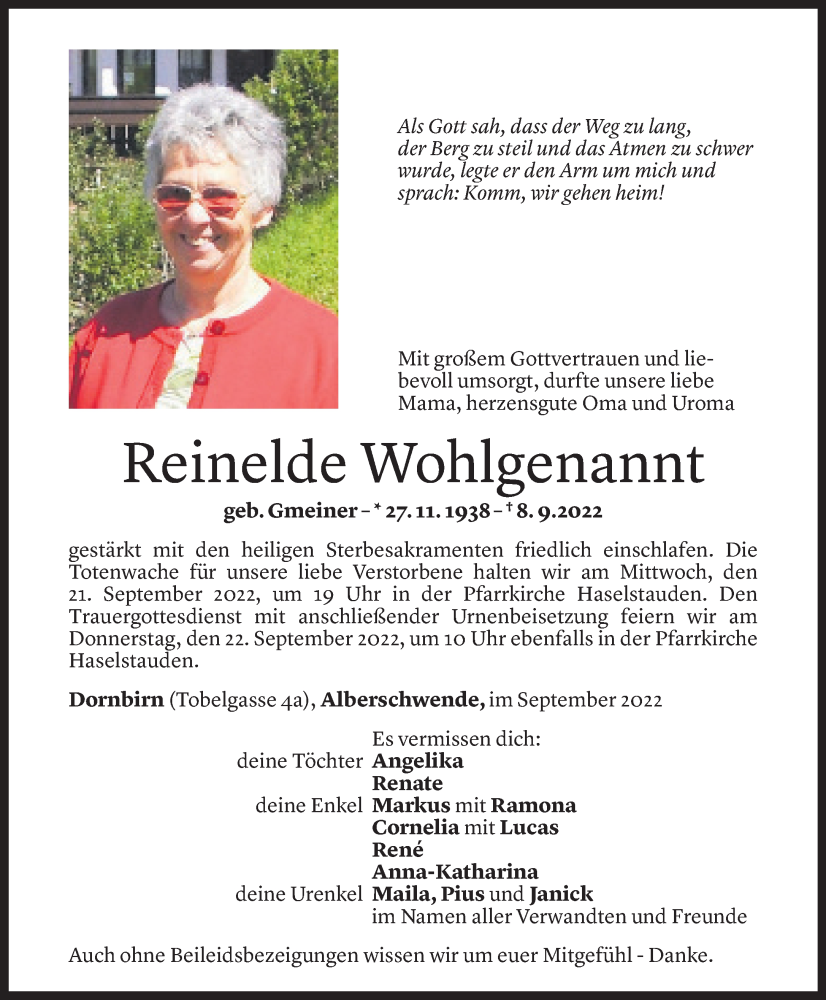  Todesanzeige für Reinelde Wohlgenannt vom 16.09.2022 aus Vorarlberger Nachrichten