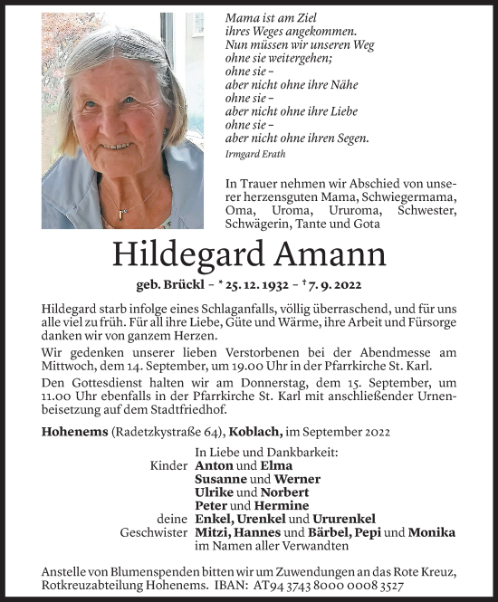 Todesanzeige von Hildegard Amann von Vorarlberger Nachrichten