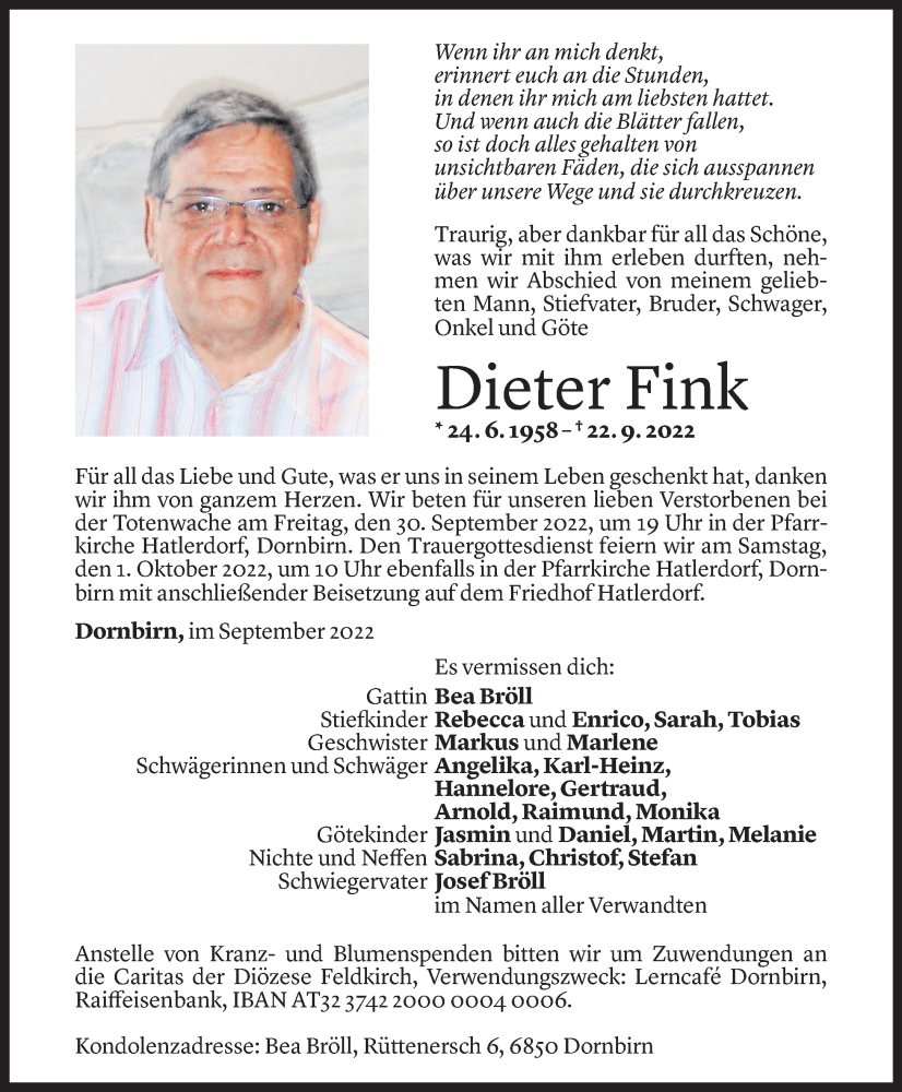  Todesanzeige für Dieter Fink vom 27.09.2022 aus Vorarlberger Nachrichten
