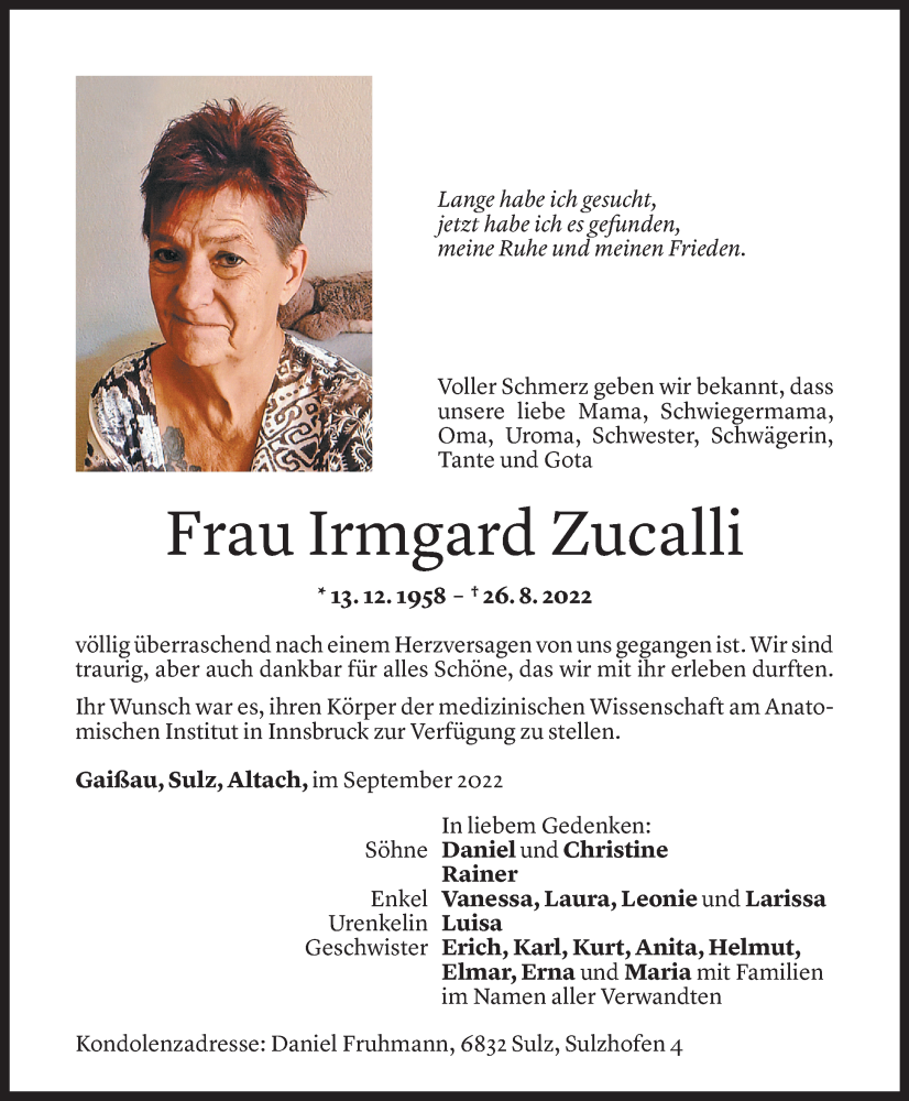  Todesanzeige für Irmgard Zucalli vom 05.09.2022 aus Vorarlberger Nachrichten