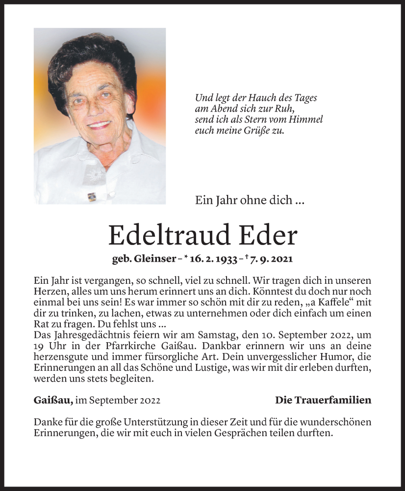  Todesanzeige für Edeltraud Eder vom 07.09.2022 aus Vorarlberger Nachrichten