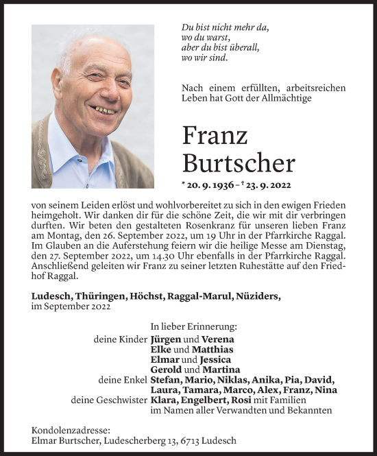 Todesanzeige von Franz Burtscher von Vorarlberger Nachrichten