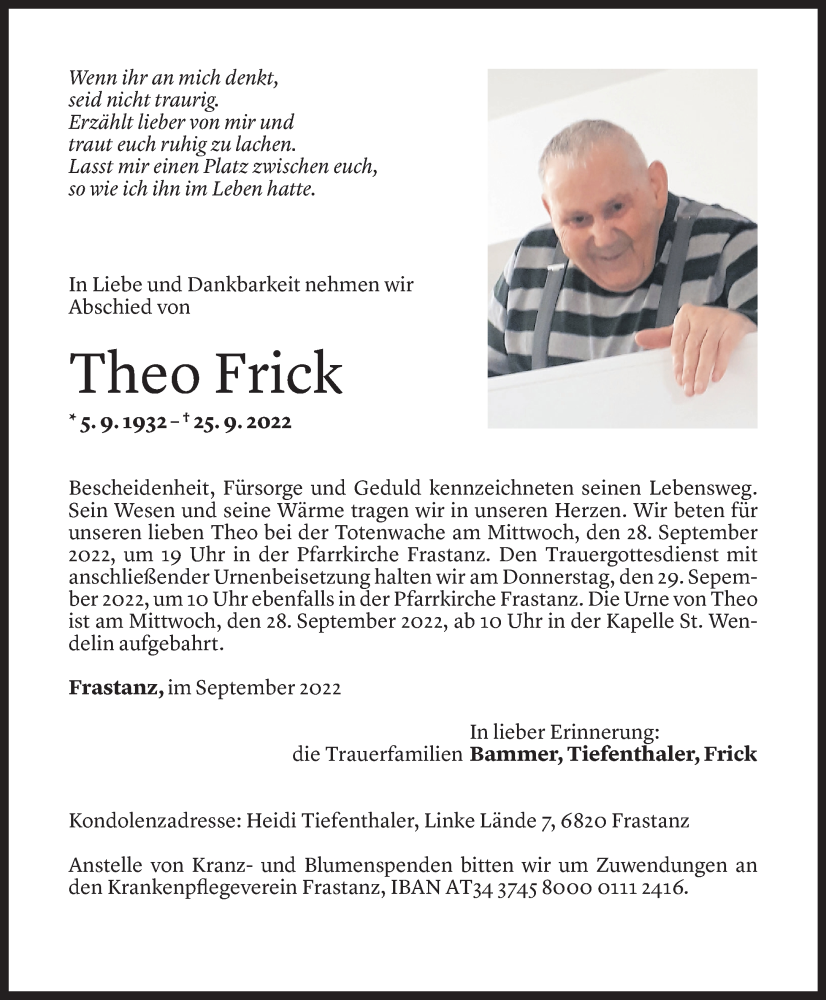  Todesanzeige für Theodor Frick vom 26.09.2022 aus Vorarlberger Nachrichten