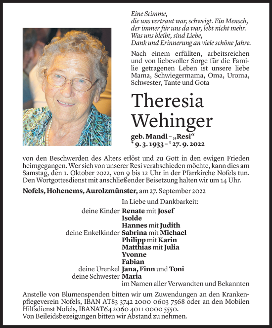 Todesanzeige von Theresia Wehinger von Vorarlberger Nachrichten