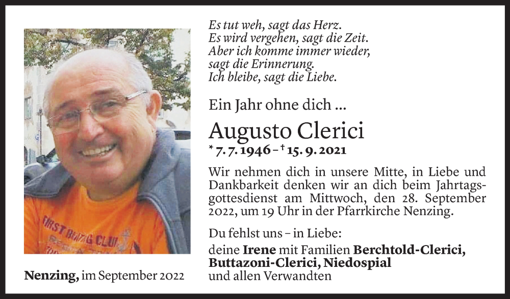  Todesanzeige für Augusto Clerici vom 17.09.2022 aus Vorarlberger Nachrichten