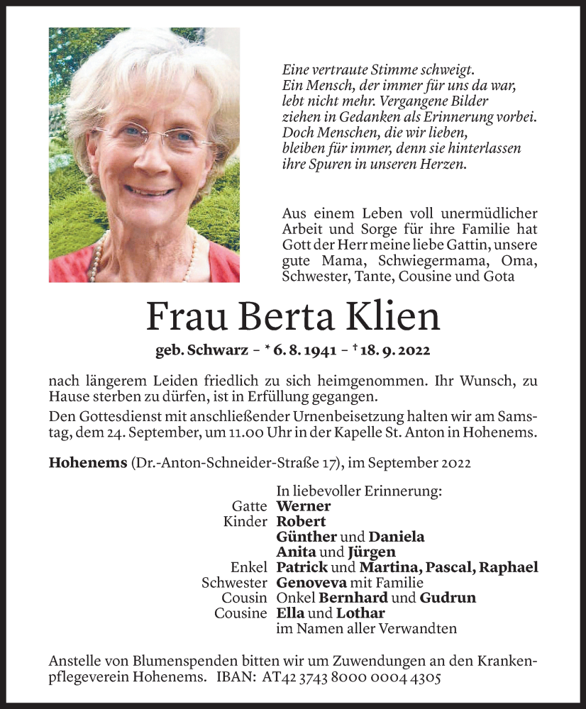  Todesanzeige für Berta Klien vom 22.09.2022 aus Vorarlberger Nachrichten