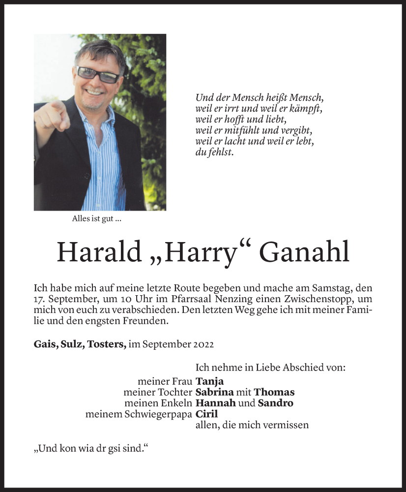  Todesanzeige für Harald Ganahl vom 09.09.2022 aus Vorarlberger Nachrichten