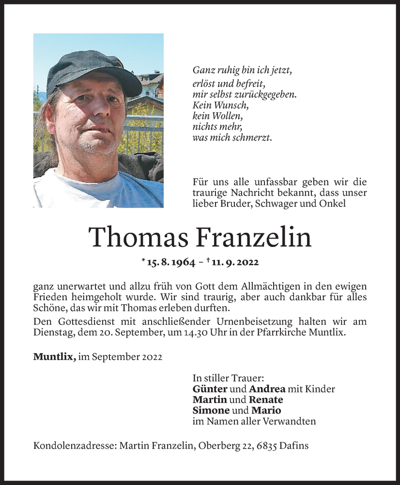  Todesanzeige für Thomas Franzelin vom 17.09.2022 aus Vorarlberger Nachrichten