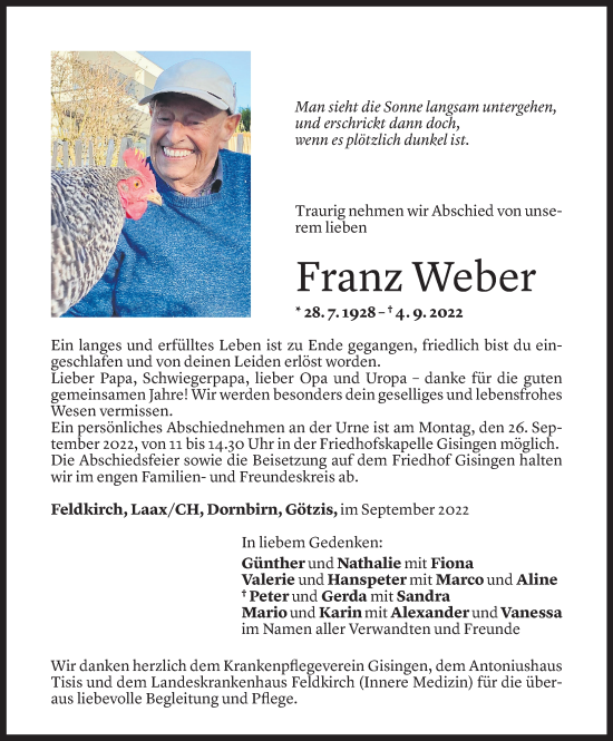 Todesanzeige von Franz Weber von Vorarlberger Nachrichten
