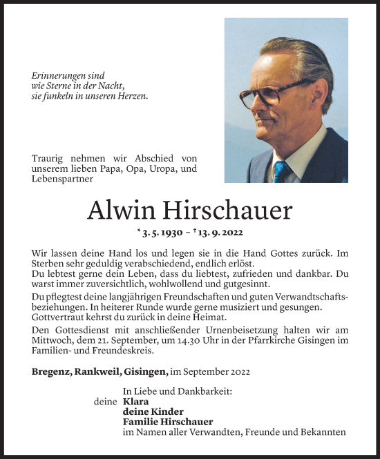 Todesanzeige von Alwin Hirschauer von Vorarlberger Nachrichten