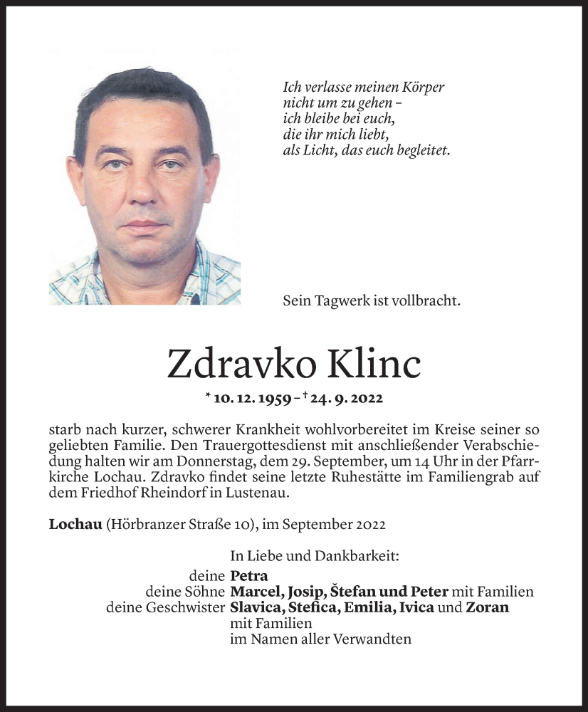  Todesanzeige für Zdravko Klinc vom 27.09.2022 aus Vorarlberger Nachrichten