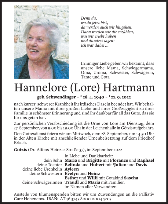 Todesanzeige von Hannelore Hartmann von Vorarlberger Nachrichten
