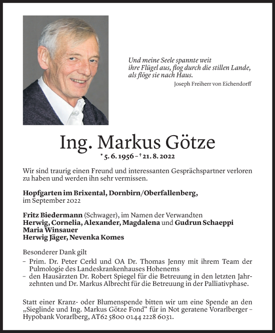 Todesanzeige von Markus Götze von Vorarlberger Nachrichten