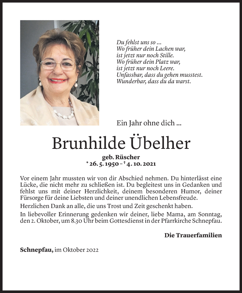  Todesanzeige für Brunhilde Übelher vom 30.09.2022 aus Vorarlberger Nachrichten