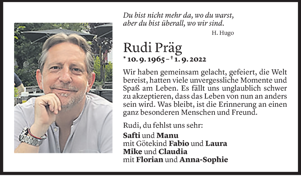 Todesanzeige für Rudi Präg vom 06.09.2022 aus Vorarlberger Nachrichten