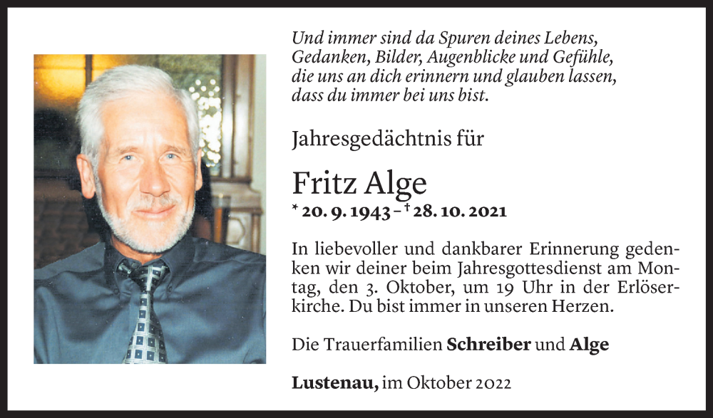  Todesanzeige für Fritz Alge vom 30.09.2022 aus Vorarlberger Nachrichten