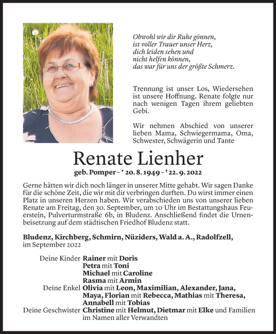 Todesanzeigen von Renate Lienher | Todesanzeigen Vorarlberger Nachrichten