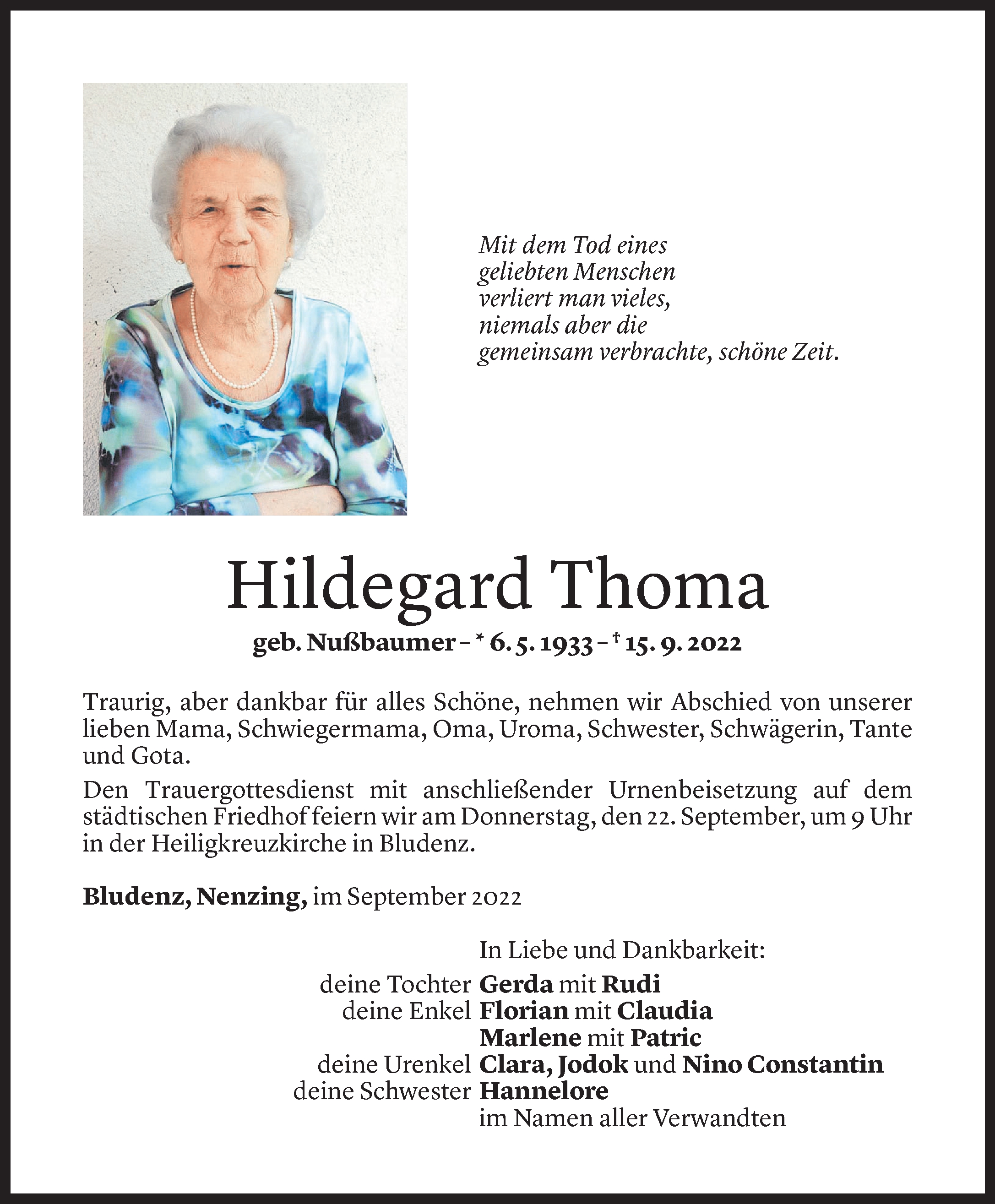  Todesanzeige für Hildegard Thoma vom 19.09.2022 aus Vorarlberger Nachrichten