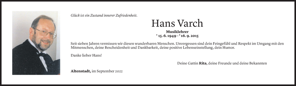  Todesanzeige für Hans Varch vom 16.09.2022 aus Vorarlberger Nachrichten