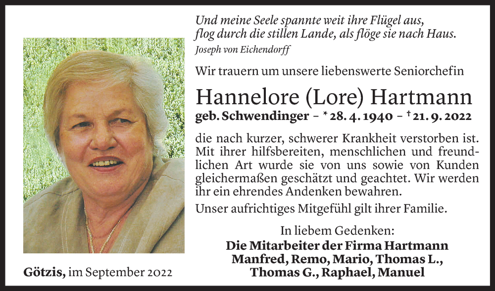  Todesanzeige für Hannelore Hartmann vom 24.09.2022 aus Vorarlberger Nachrichten