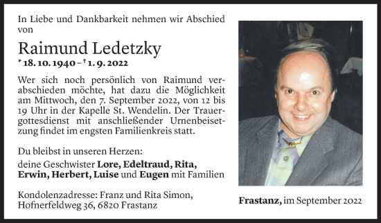 Todesanzeige von Raimund Ledetzky von Vorarlberger Nachrichten