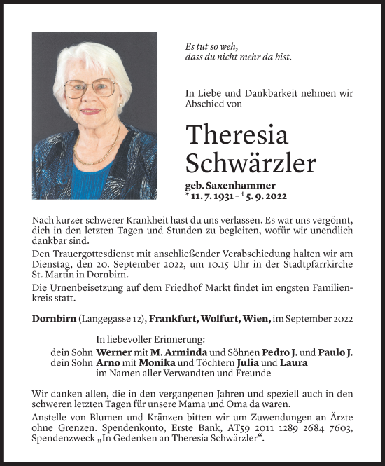 Todesanzeige von Theresia Schwärzler von Vorarlberger Nachrichten