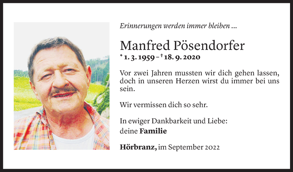  Todesanzeige für Manfred Pösendorfer vom 17.09.2022 aus Vorarlberger Nachrichten