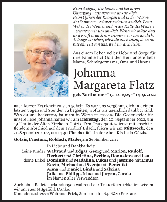 Todesanzeige von Johanna Margareta Flatz von Vorarlberger Nachrichten