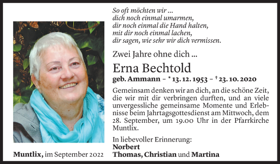Todesanzeige von Erika Bechtold von Vorarlberger Nachrichten