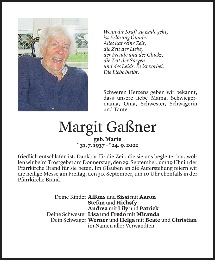  Todesanzeige für Margit Gaßner vom 27.09.2022 aus Vorarlberger Nachrichten