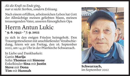 Todesanzeige von Antun Lukic von Vorarlberger Nachrichten