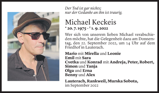 Todesanzeige von Michael Keckeis von Vorarlberger Nachrichten