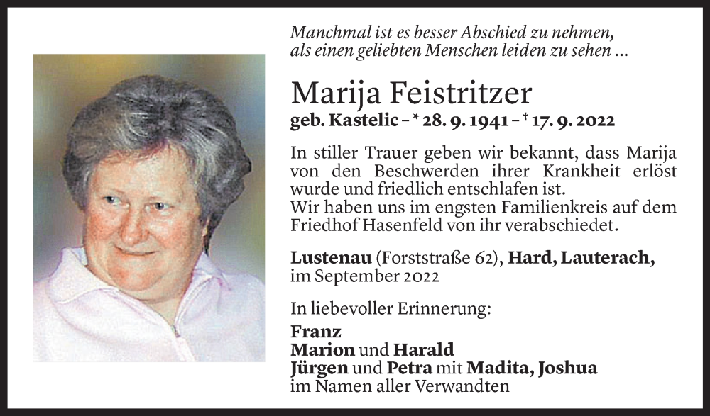  Todesanzeige für Marija Feistritzer vom 22.09.2022 aus Vorarlberger Nachrichten