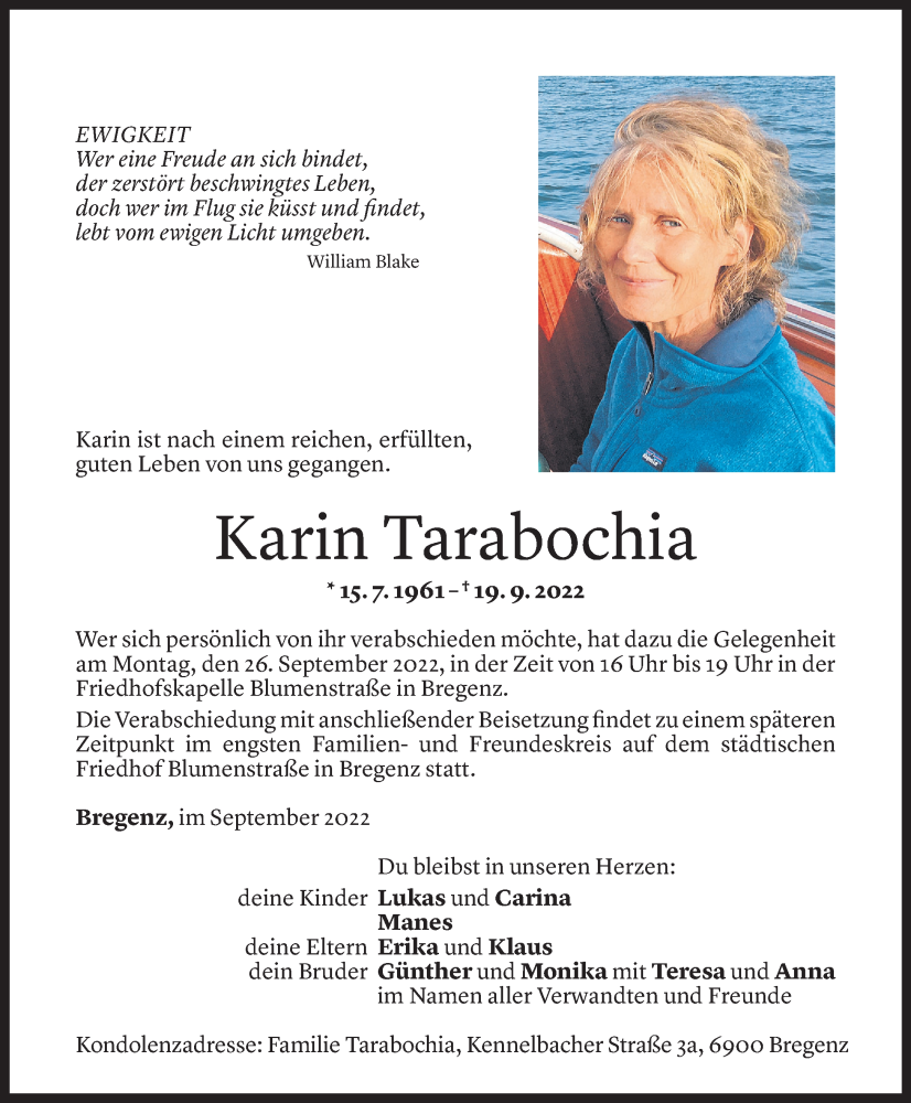  Todesanzeige für Karin Tarabochia vom 22.09.2022 aus Vorarlberger Nachrichten