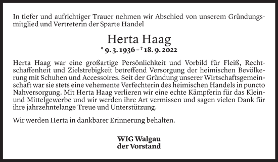 Todesanzeige von Herta Haag von Vorarlberger Nachrichten