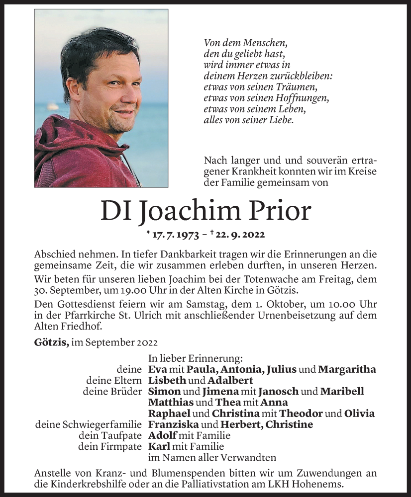  Todesanzeige für Joachim Prior vom 28.09.2022 aus Vorarlberger Nachrichten