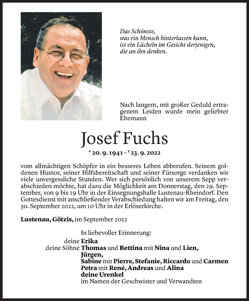  Todesanzeige für Josef Fuchs vom 27.09.2022 aus Vorarlberger Nachrichten
