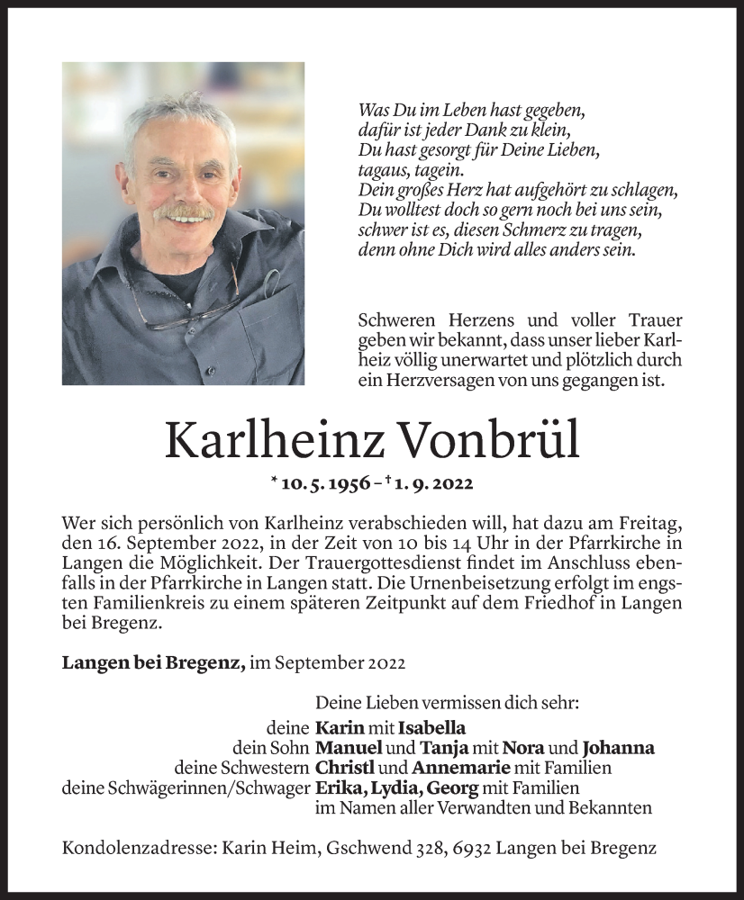  Todesanzeige für Karlheinz Vonbrül vom 09.09.2022 aus Vorarlberger Nachrichten