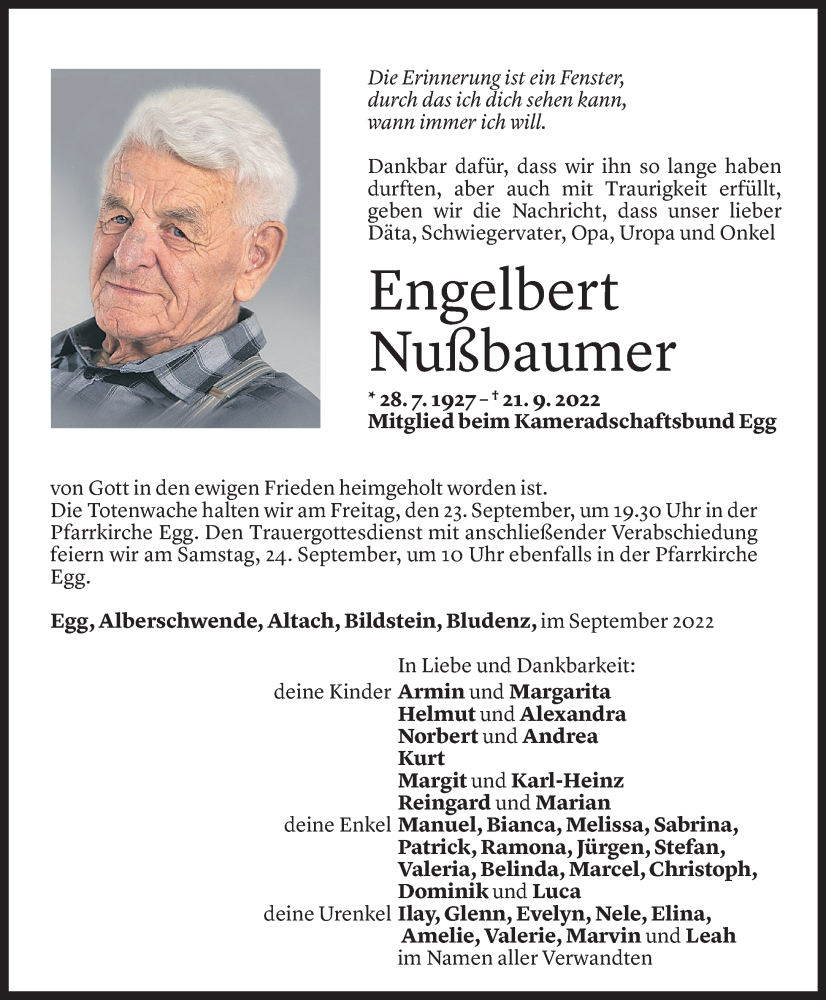  Todesanzeige für Engelbert Nußbaumer vom 22.09.2022 aus Vorarlberger Nachrichten