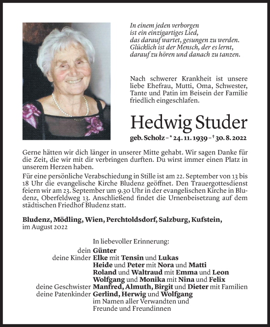 Todesanzeige von Hedwig Studer von Vorarlberger Nachrichten